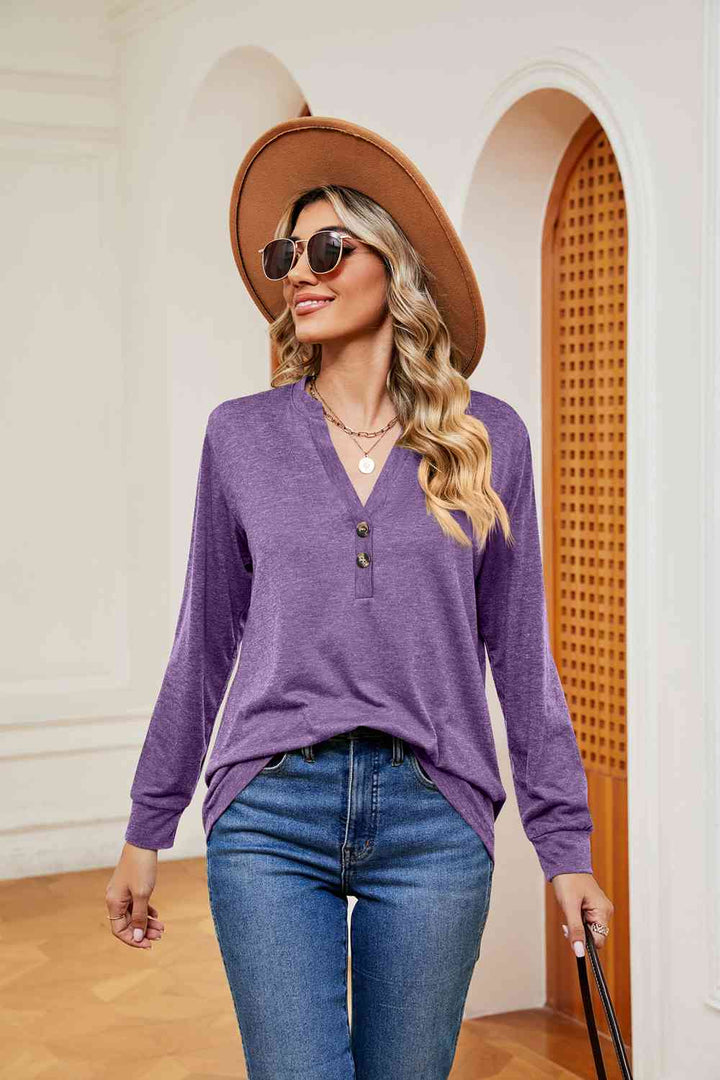 Buttoned Notched Neck Long Sleeve Top | 1mrk.com