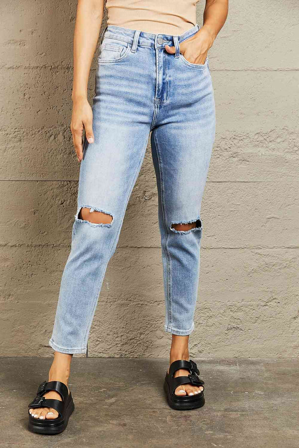BAYEAS High Waisted Distressed Slim Cropped Jeans | 1mrk.com