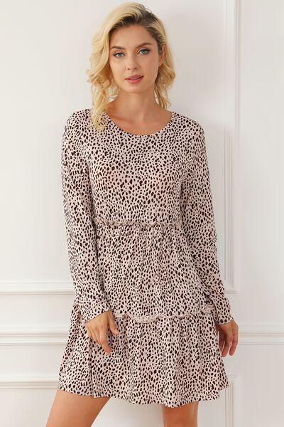 Frill Printed Round Neck Dress |1mrk.com