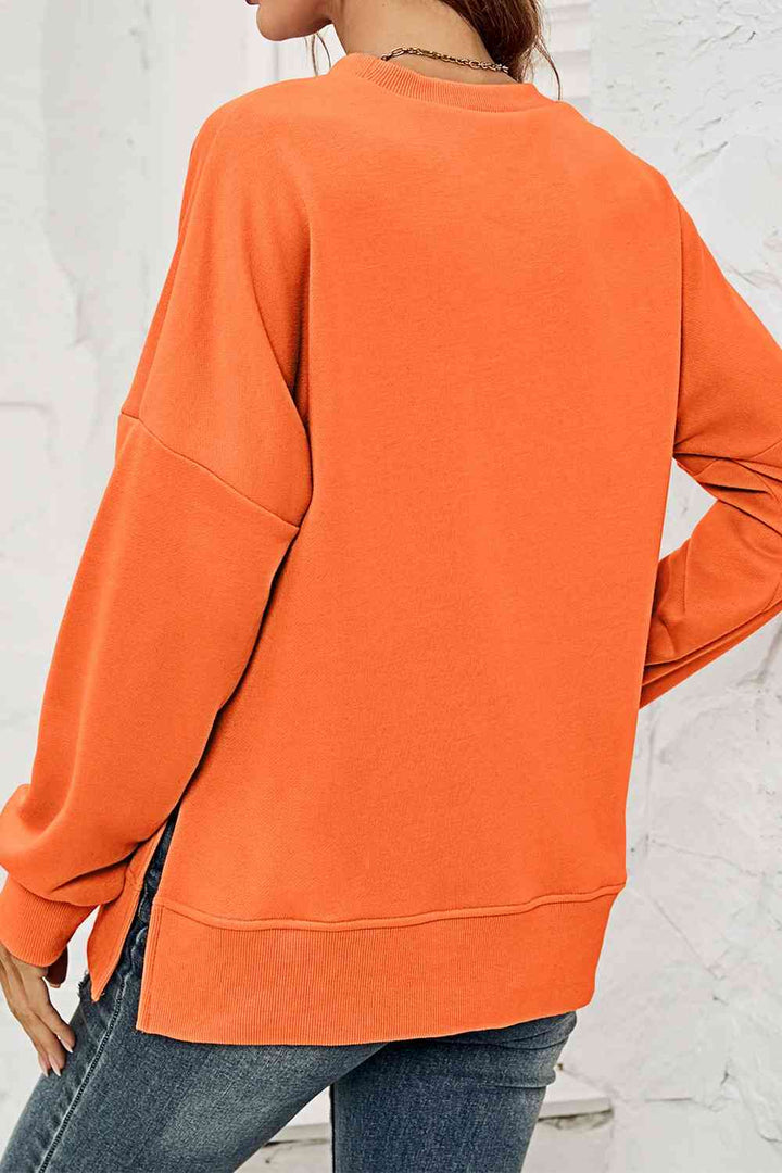 Round Neck  Dropped Shoulder Slit Sweatshirt |1mrk.com