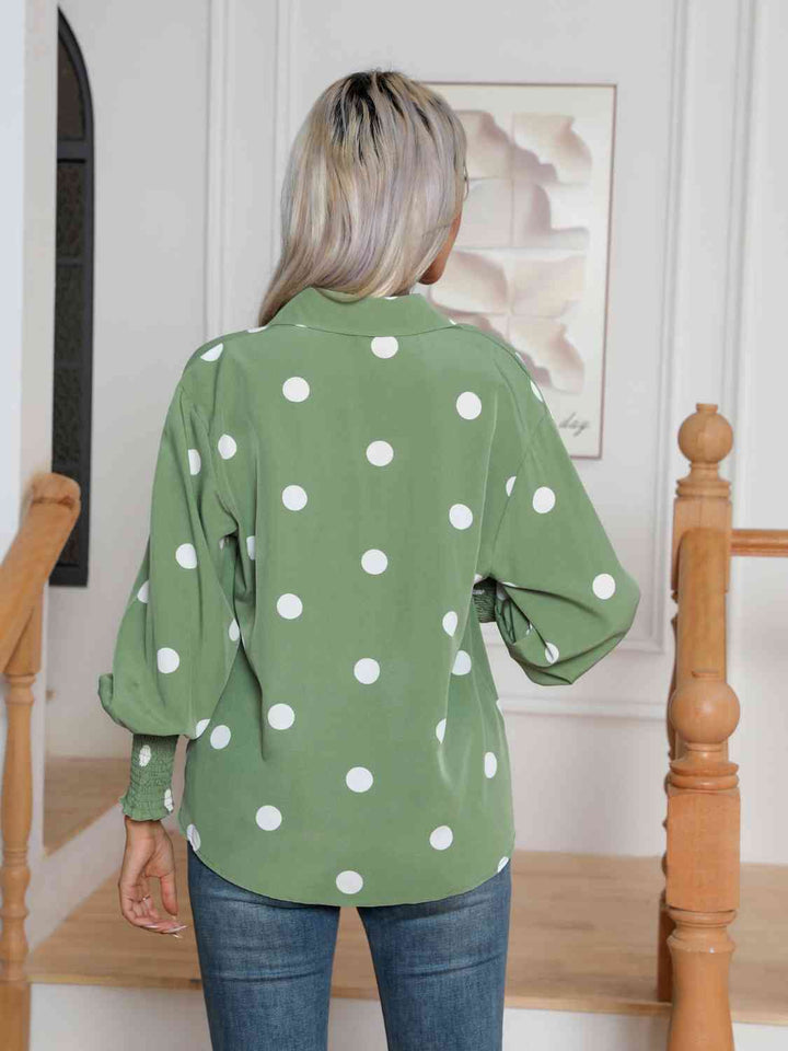 Polka Dot Collared Neck Buttoned Lantern Sleeve Shirt |1mrk.com