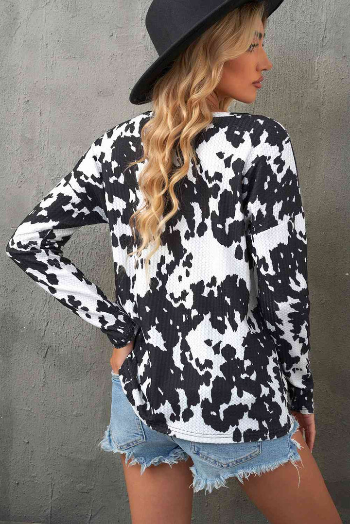 Cow Print Round Neck Long Sleeve Top | 1mrk.com