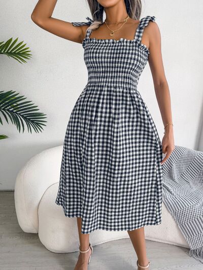 Frill Plaid Square Neck Midi Dress |1mrk.com