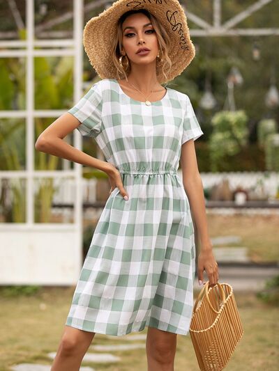 Smocked Plaid Round Neck Short Sleeve Dress | Trendsi