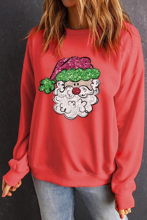 Santa Graphic Round Neck Long Sleeve Sweatshirt |1mrk.com