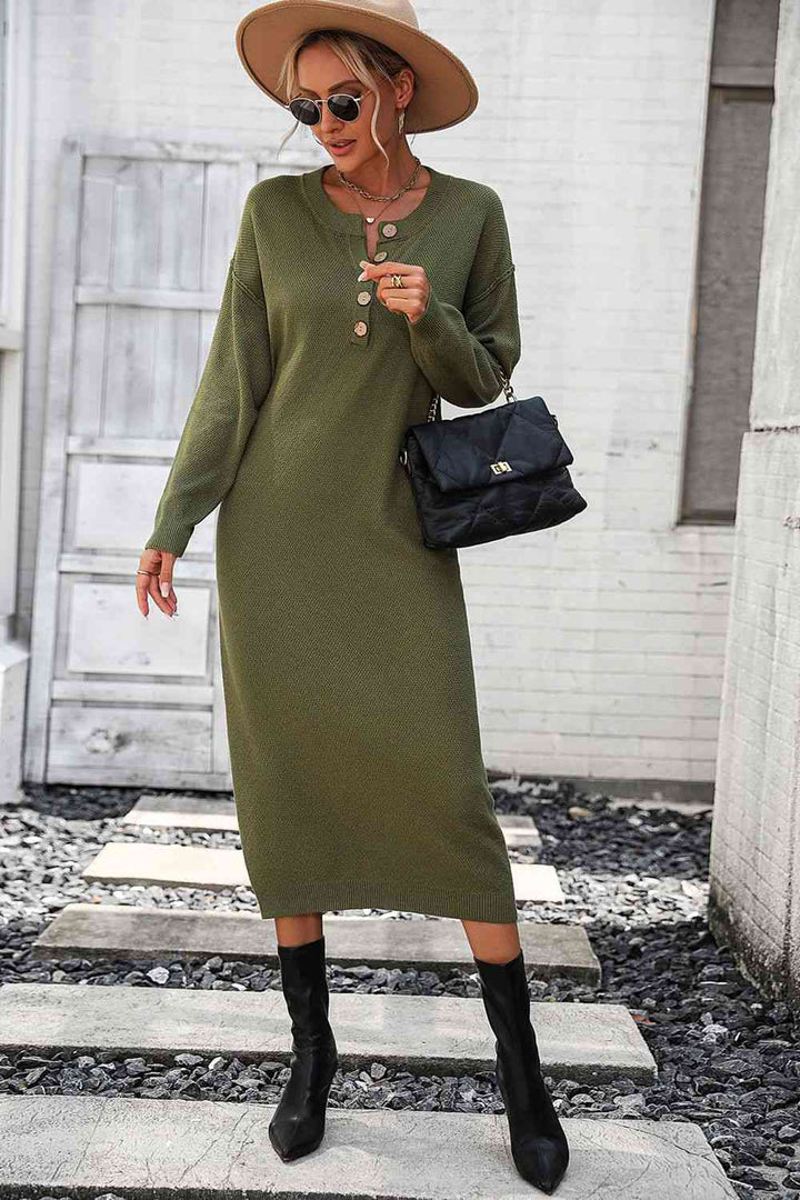 Notched Neck Dropped Shoulder Button-Down Midi Dress | 1mrk.com