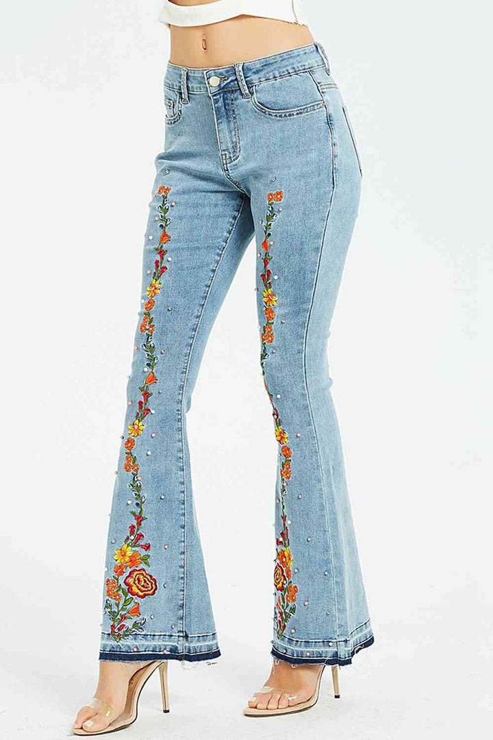 Full Size Flower Embroidery Wide Leg Jeans | 1mrk.com