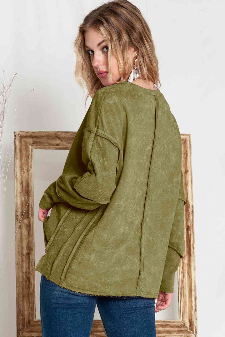 Full Size Exposed Seams Round Neck Dropped Shoulder Sweatshirt |1mrk.com