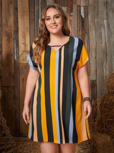 Plus Size Striped Short Sleeve Mini Dress | 1mrk.com