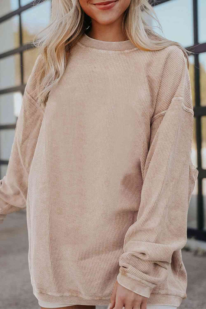 Ribbed Round Neck Drop Shoulder Sweatshirt |1mrk.com