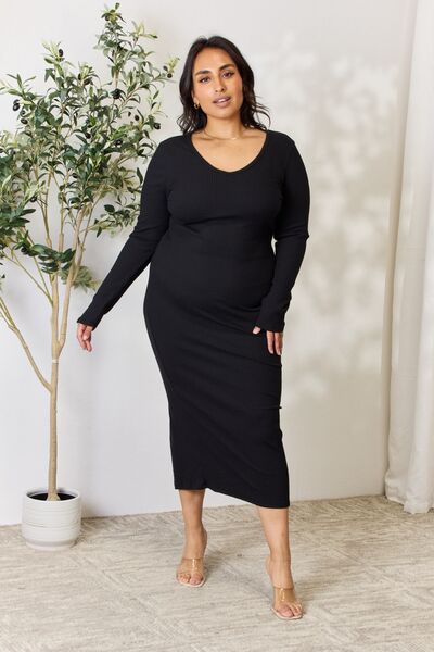 Culture Code Full Size Ribbed Long Sleeve Midi Slit Dress | 1mrk.com