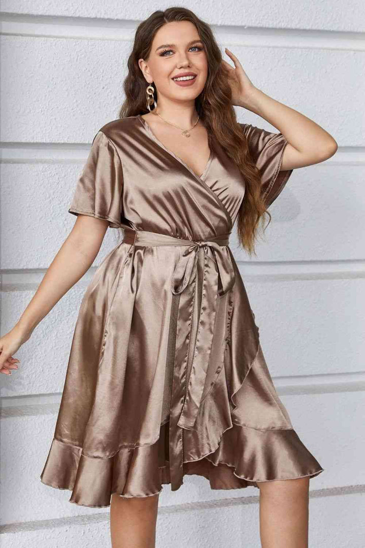 Plus Size Belted Ruffled Surplice Dress | 1mrk.com