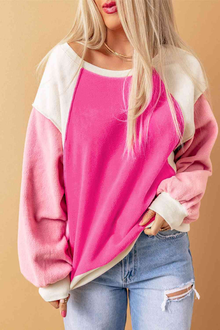 Round Neck Dropped Shoulder Color Block Sweatshirt |1mrk.com