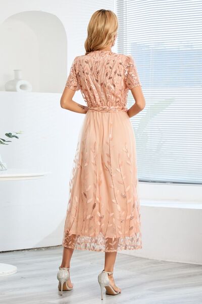 Sequin Leaf Embroidery Tie Front Short Sleeve Dress |1mrk.com