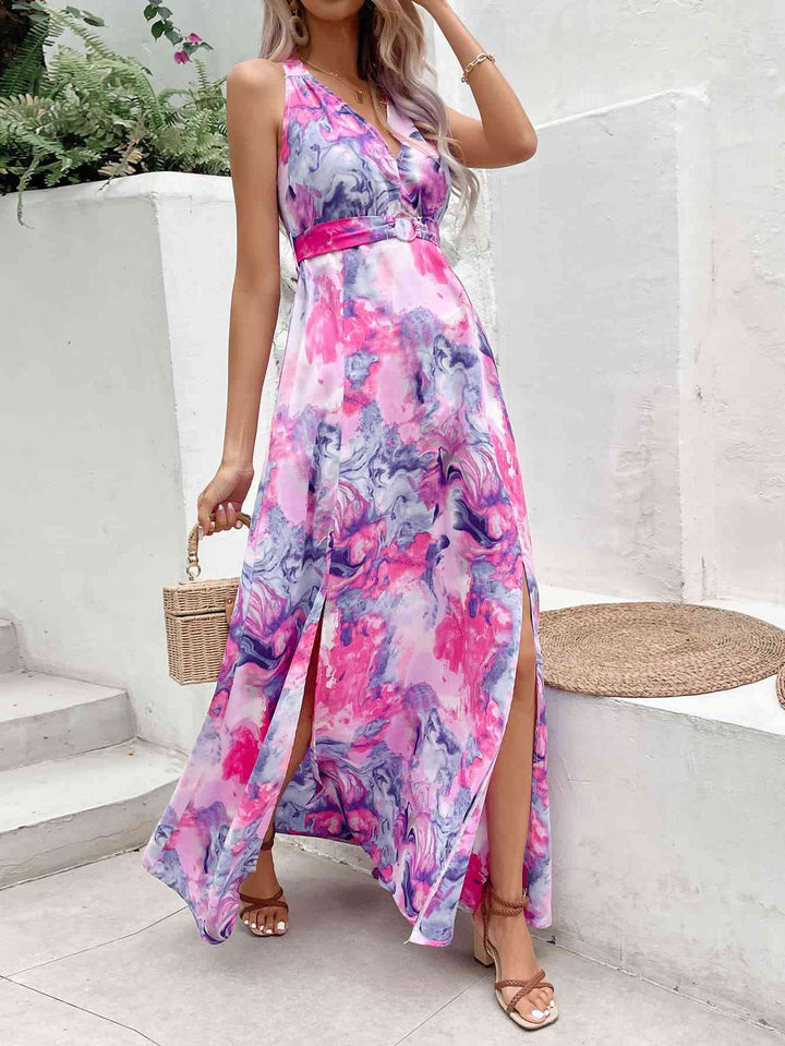 Printed Open Back Slit Sleeveless Dress |1mrk.com