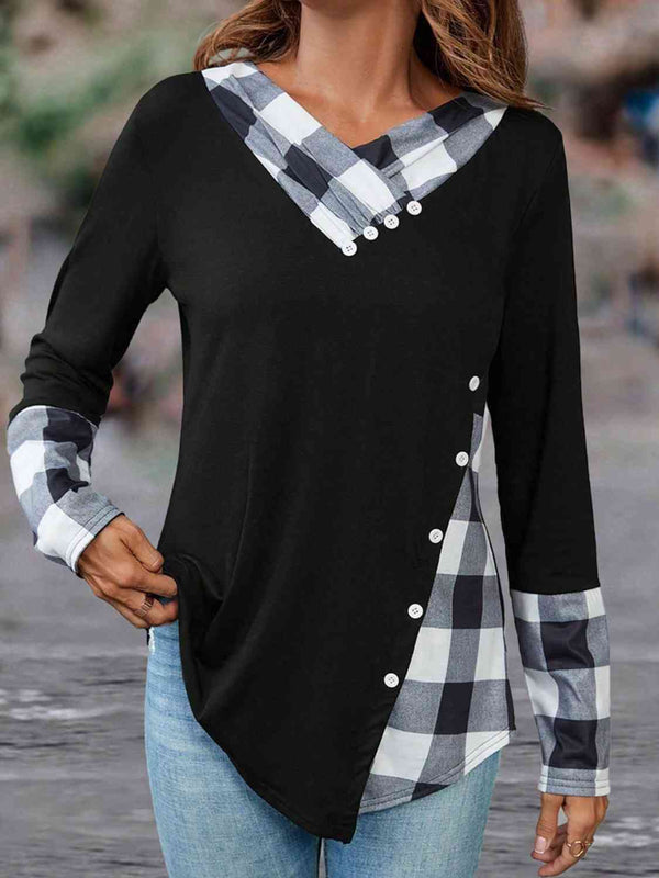 Plaid V-Neck Decorative Button Top | 1mrk.com