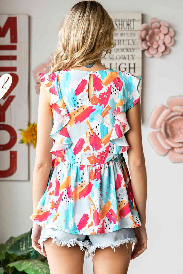 Printed Round Neck Ruffled Peplum Top | 1mrk.com