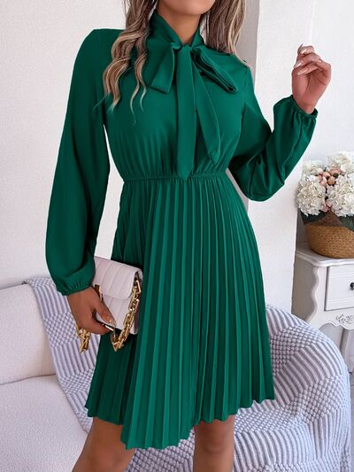 Tie Neck Balloon Sleeve Pleated Dress |1mrk.com