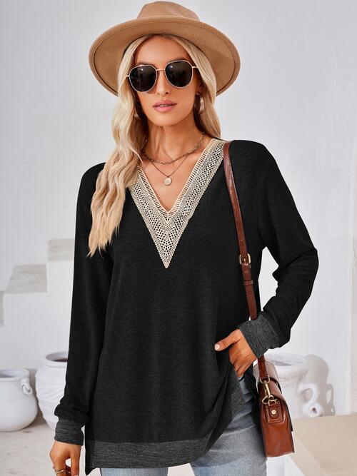 Crochet Contrast V-Neck Long Sleeve Slit T-Shirt | 1mrk.com