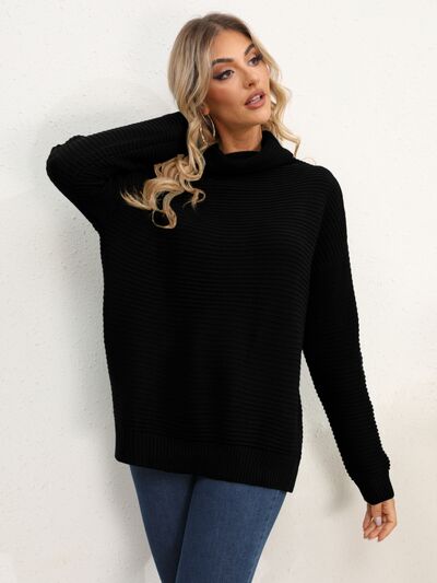 Slit Turtleneck Dropped Shoulder Sweater |1mrk.com