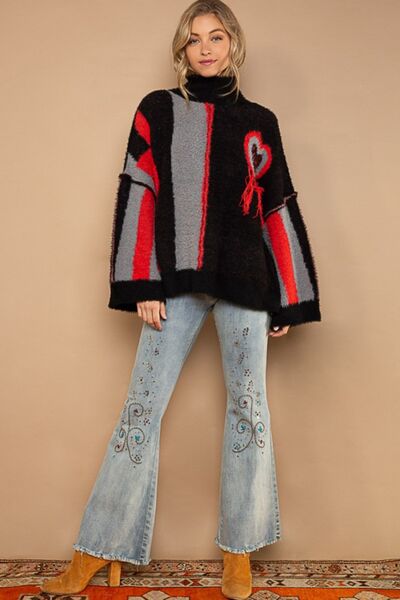 POL Turtleneck Color Block Fringe Detail Sweater |1mrk.com