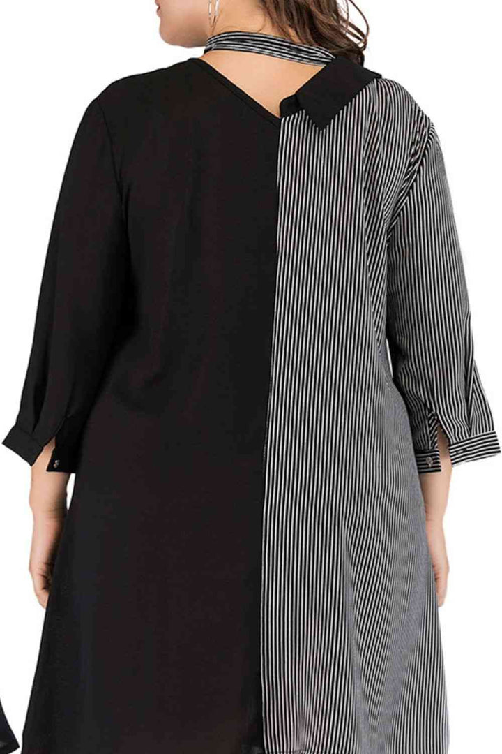 Plus Size Striped Color Block Tie-Neck Dress |1mrk.com