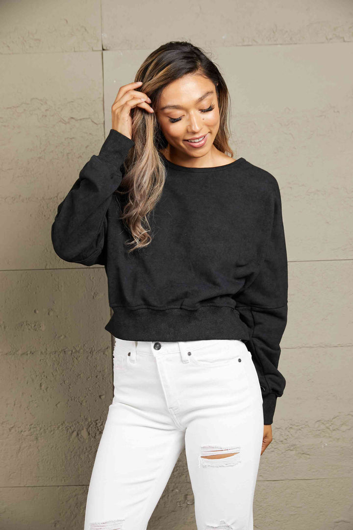 Double Take Round Neck Open Back Sweatshirt |1mrk.com