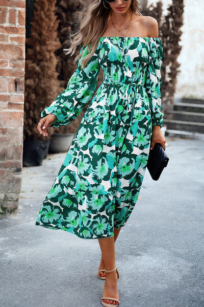 Printed Balloon Sleeve Pocketed Midi Dress |1mrk.com