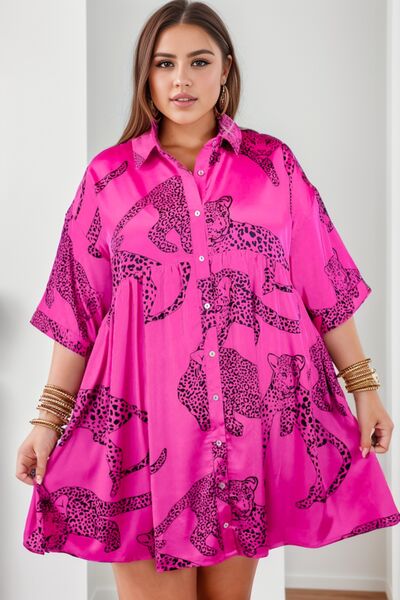 Plus Size Tiger Printed Button Up Half Sleeve Dress |1mrk.com