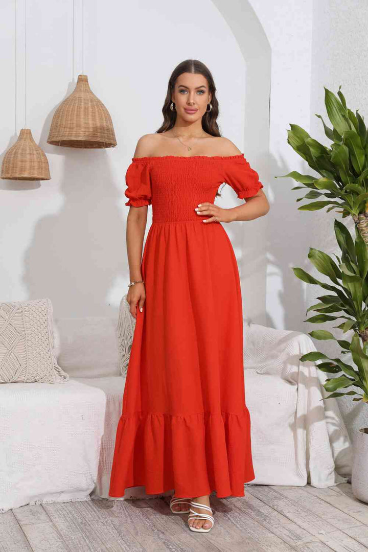 Smocked Off-Shoulder Maxi Dress |1mrk.com