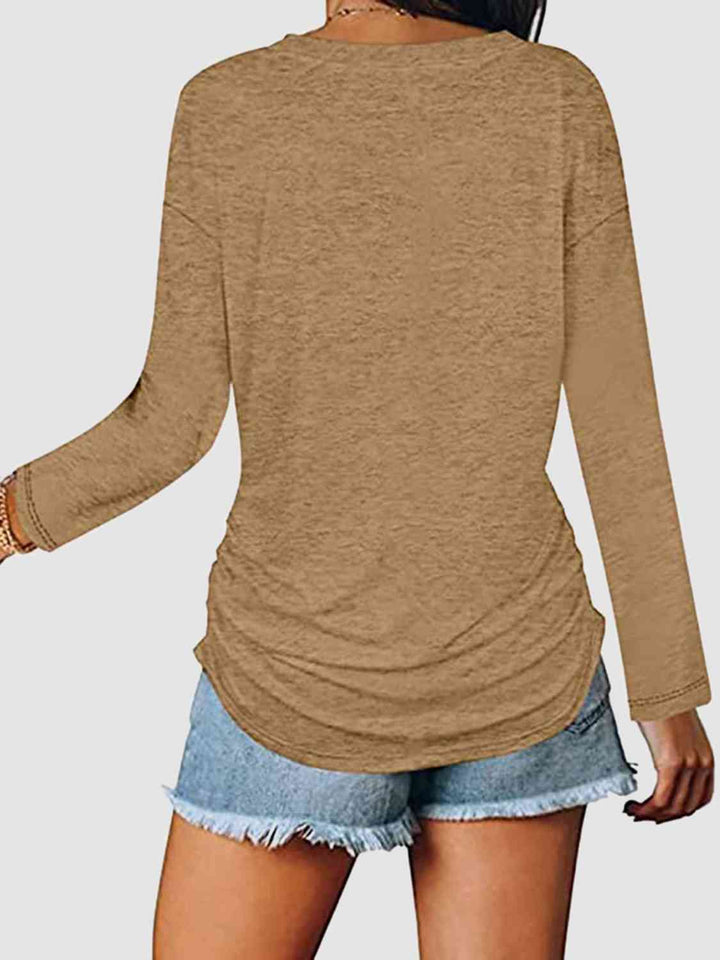 Ruched V-Neck Long Sleeve T-Shirt | 1mrk.com