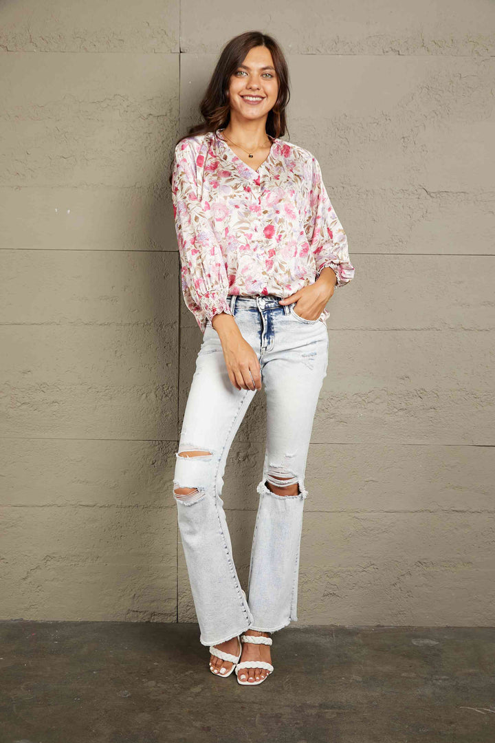 Double Take Floral V-Neck Long Sleeve Shirt |1mrk.com