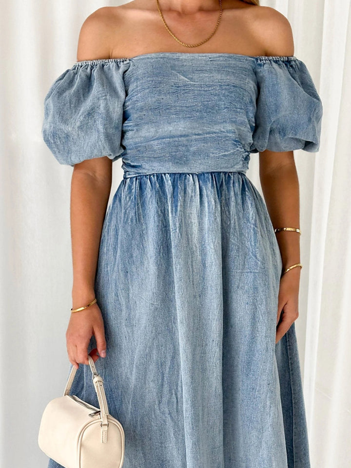 Off-Shoulder Balloon Sleeve Denim Dress | Trendsi