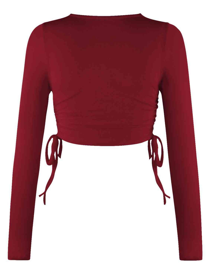 Drawstring Round Neck Long Sleeve Top | 1mrk.com