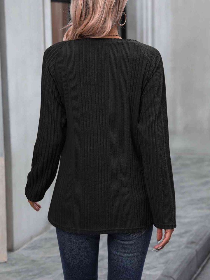 Ribbed Buttoned Round Neck Long Sleeve T-Shirt | 1mrk.com