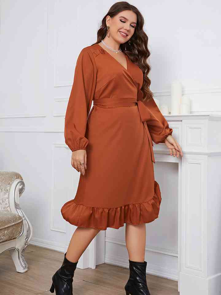 Plus Size Surplice Neck Tie Waist Dress |1mrk.com