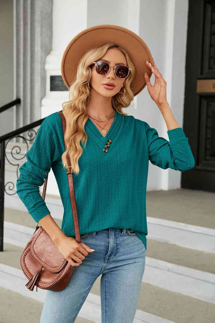 Decorative Button V-Neck Long Sleeve T-Shirt | 1mrk.com