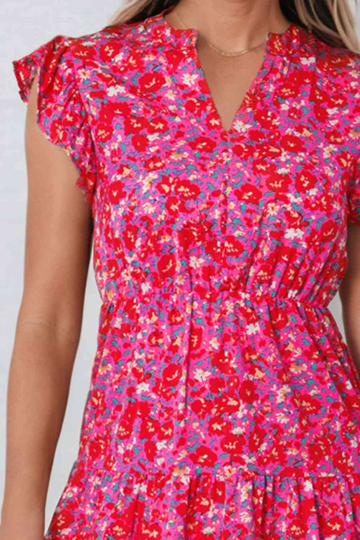 Floral Print Notched Neck Cap Sleeve Mini Dress |1mrk.com