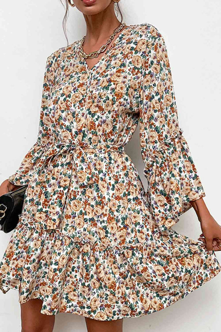 Floral Belted Flare Sleeve V-Neck Dress |1mrk.com