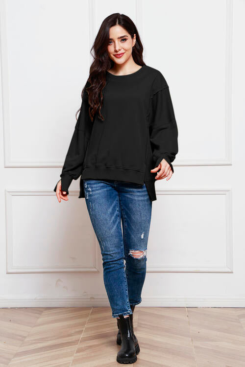 Exposed Seam Long Sleeve Slit Sweatshirt |1mrk.com