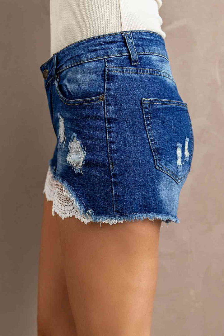 Spliced Lace Distressed Denim Shorts | 1mrk.com