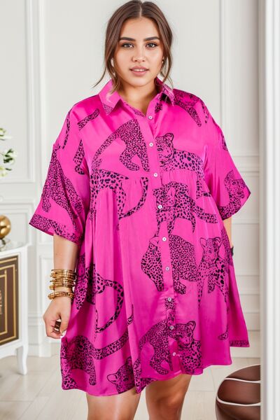 Plus Size Tiger Printed Button Up Half Sleeve Dress |1mrk.com