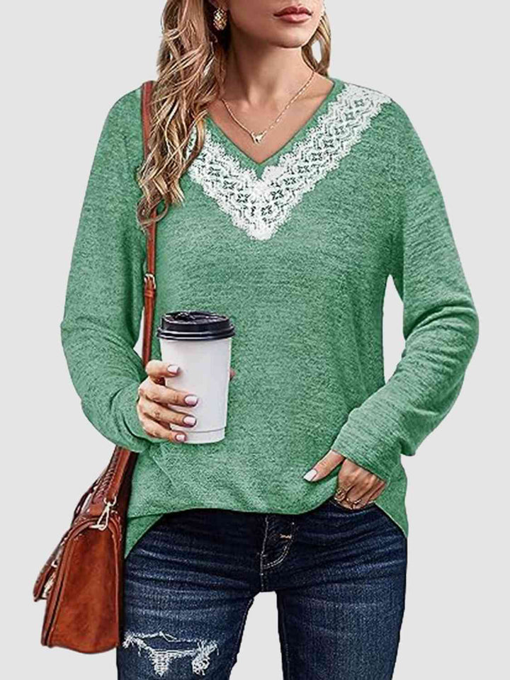 Lace Detail V-Neck Long Sleeve Top | 1mrk.com