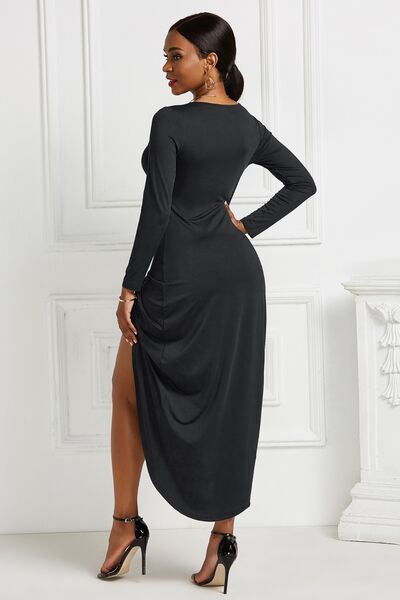 High-low Ruched Surplice Long Sleeve Dress | 1mrk.com