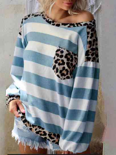 Striped Leopard Long Sleeves Top | 1mrk.com