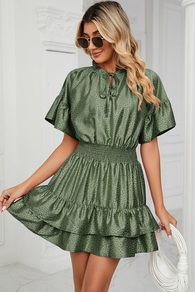 Smocked Tie Neck Flounce Sleeve Dress |1mrk.com