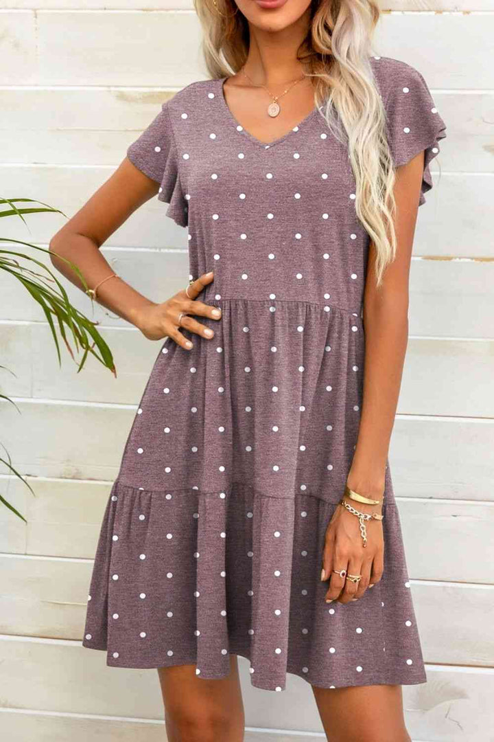 Polka Dot V-Neck Flutter Sleeve Mini Dress |1mrk.com