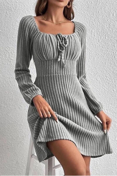 Ribbed Tied Square Neck Long Sleeve Mini Dress |1mrk.com