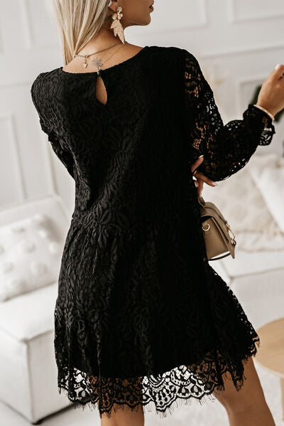 Lace Detail Round Neck Mini Dress |1mrk.com