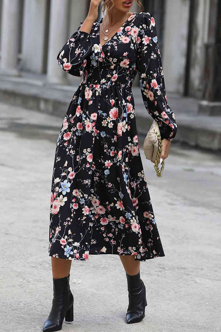 Floral Long Sleeve Surplice Neck Dress |1mrk.com